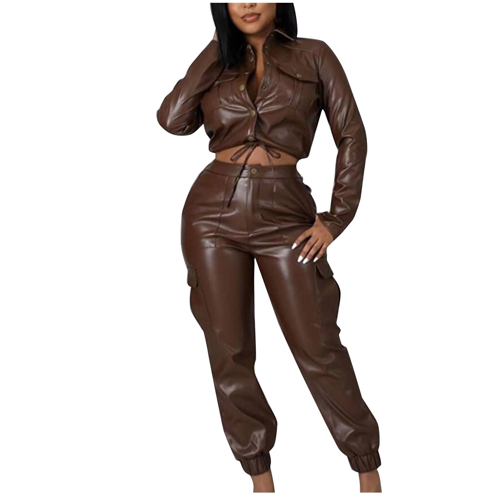 RQYYD Women's Faux Leather 2 Piece Outfits Button Up Pocket Lapel Jacket Top Baggy PU Leather Cargo Pant Set