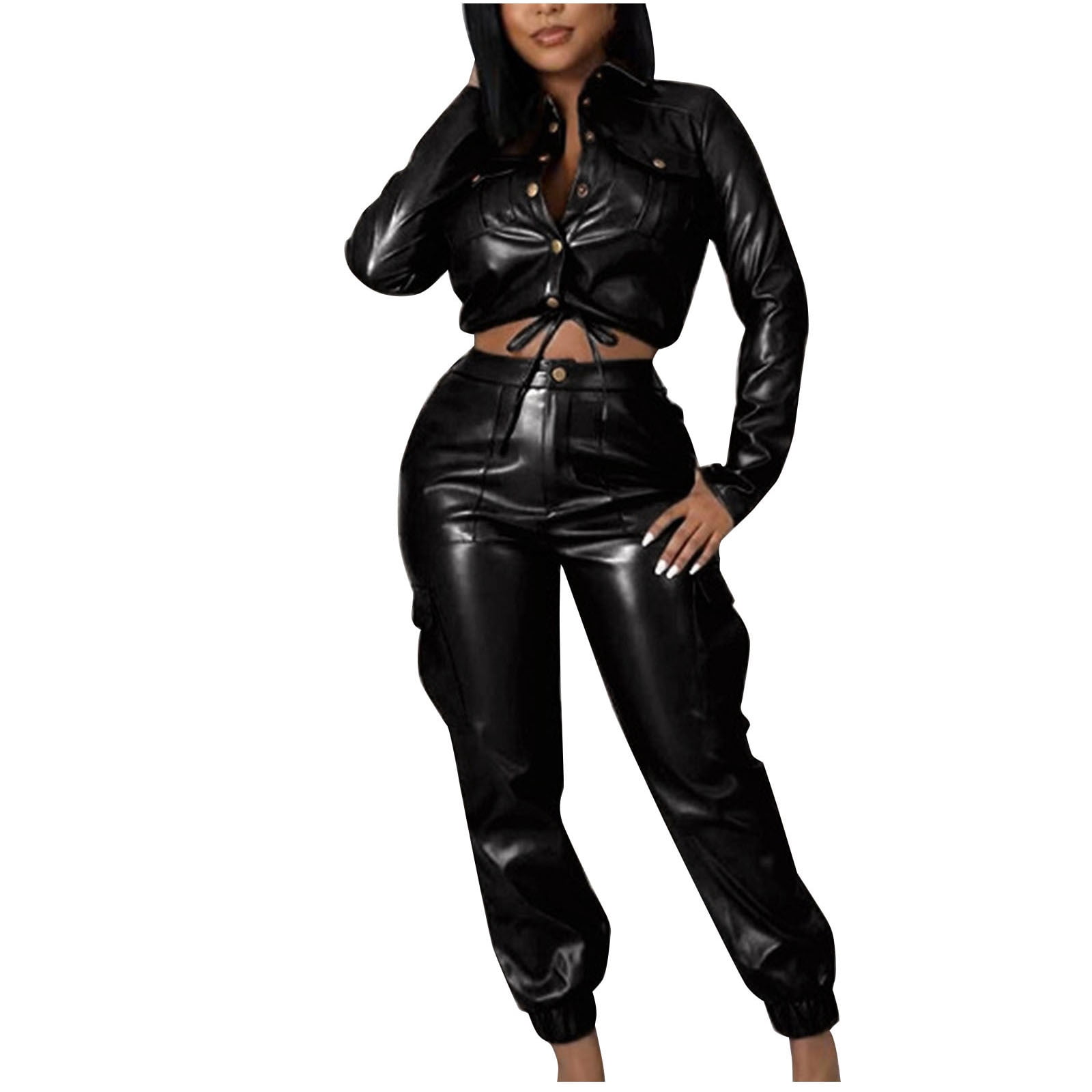 RQYYD Women's Faux Leather 2 Piece Outfits Button Up Pocket Lapel Jacket Top Baggy PU Leather Cargo Pant Set