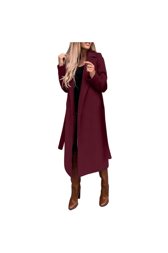 Women's Faux Wool Coat Blouse Thin Coats Trench Long Jacket Ladies Slim Long Belt Womens Ring Master Jacket (Wine,L)