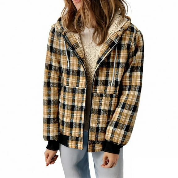 RQYYD Women's Flannel Casual Plaid Full Zip Up Sherpa Lined Hoodie Jacket Coat with Pockets