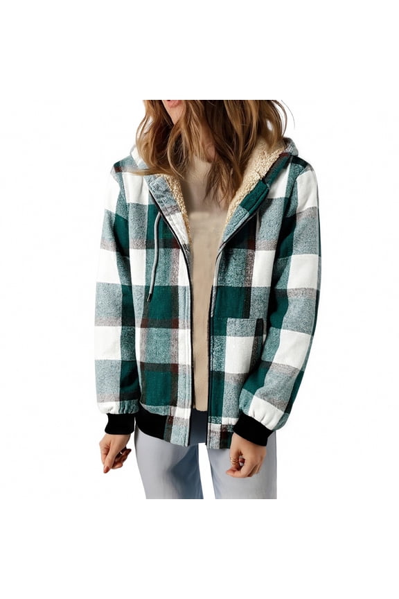 Women's Flannel Casual Plaid Full Zip Up Sherpa Lined Hoodie Jacket Coat with Pockets