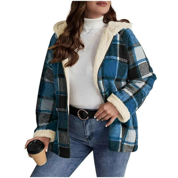 RQYYD Women's Flannel Hooded Plaid Shacket Thick Coat Winter Coat for Warmth Button down Warm and Fuzzy Fleece Jacket