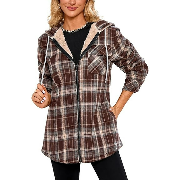 RQYYD Women's Flannel Hooded Plaid Shacket Thick Coat Winter Coat for Warmth Full Zip Up Warm and Fuzzy Fleece Jacket