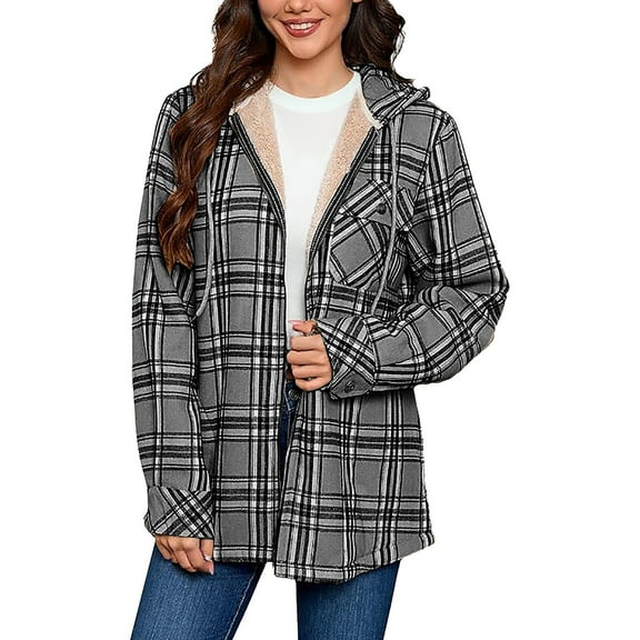 RQYYD Women's Flannel Hooded Plaid Shacket Thick Coat Winter Coat for Warmth Full Zip Up Warm and Fuzzy Fleece Jacket