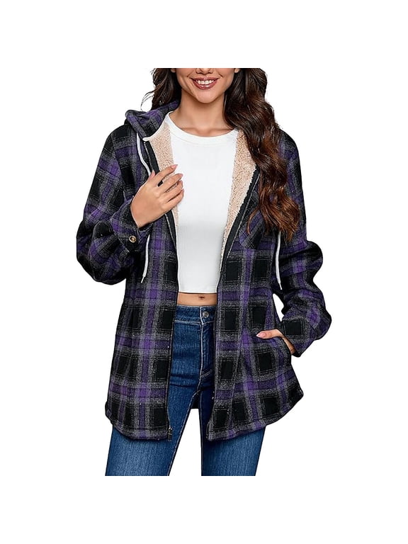 Women's Flannel Hooded Plaid Shacket Thick Coat Winter Coat for Warmth Full Zip Up Warm and Fuzzy Fleece Jacket