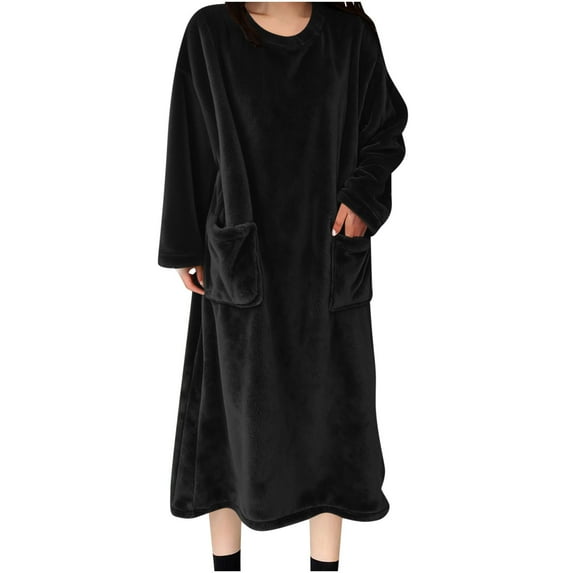RQYYD Women's Flannel Nightgown Fuzzy Fleece Sleepdress Loose Crewneck Plush Warm Winter Pullover Nightdress with Pockets