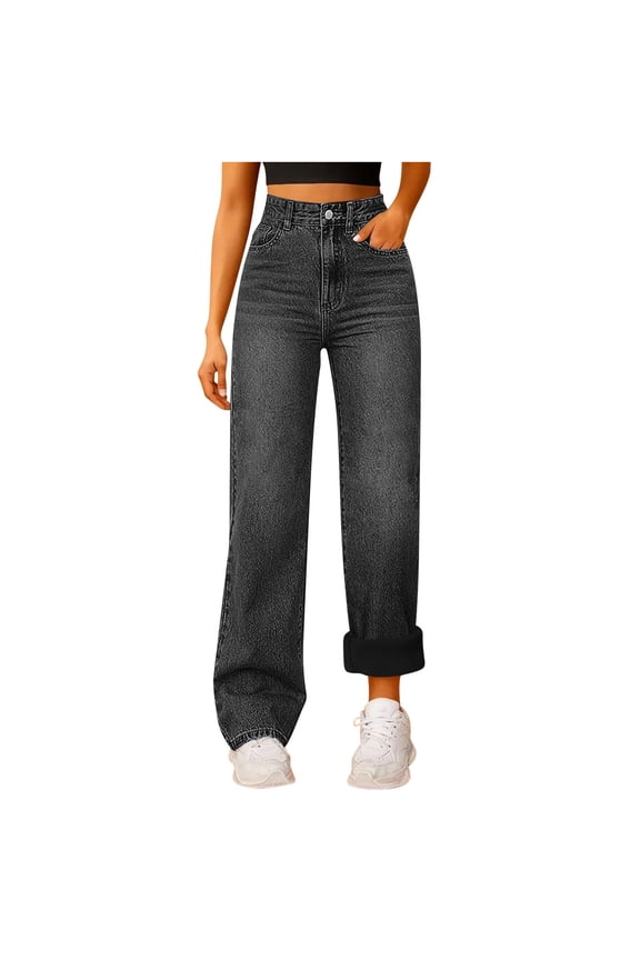 Women's Fleece Lined Jeans Women High Waisted Wide Leg Jeans Winter Fleece Lined Jean Pants