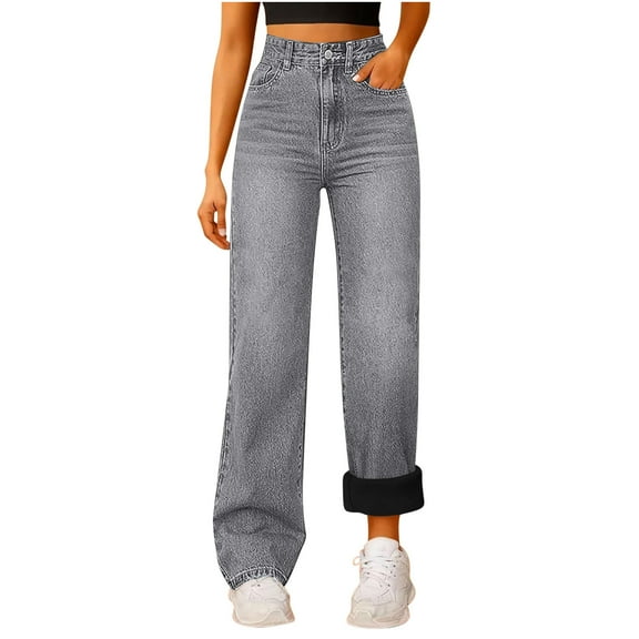 RQYYD Women's Fleece Lined Jeans Women High Waisted Wide Leg Jeans Winter Fleece Lined Jean Pants