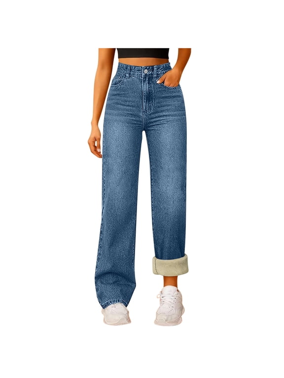 Women's Fleece Lined Jeans Women High Waisted Wide Leg Jeans Winter Fleece Lined Jean Pants