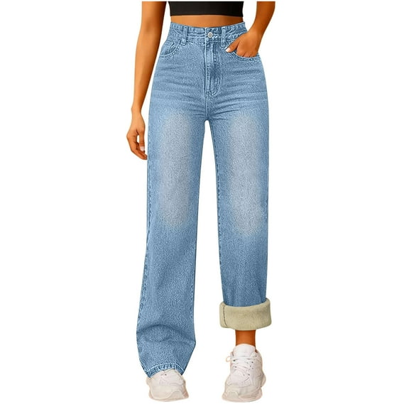 RQYYD Women's Fleece Lined Jeans Women High Waisted Wide Leg Jeans Winter Fleece Lined Jean Pants