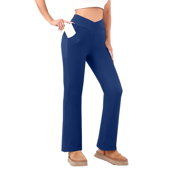 RQYYD Women's Fleece Lined Pants Winter Thermal Warm Flare Leggings Crossover Yoga Pants Bell Bottom with Pockets for Cold Weather