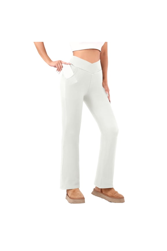 Women's Fleece Lined Pants Winter Thermal Warm Flare Leggings Crossover Yoga Pants Bell Bottom with Pockets for Cold Weather