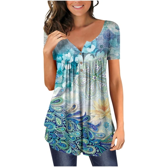 RQYYD Women's Floral Printed Short Sleeve Henley V Neck T-Shirt Pleated Casual Flowy Tunic Blouse Tops
