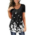 thumbnail image 1 of RQYYD Women's Floral Printed Short Sleeve Henley V Neck T-Shirt Pleated Casual Flowy Tunic Blouse Tops, 1 of 5