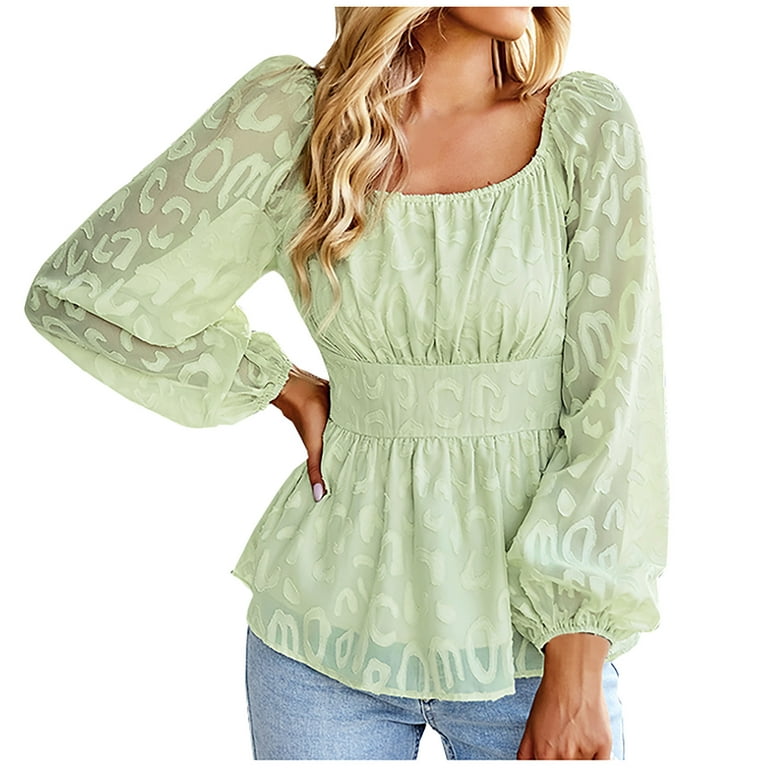 RQYYD Women's Floral Sheer Mesh Long Sleeve Square Neck Blouse Top