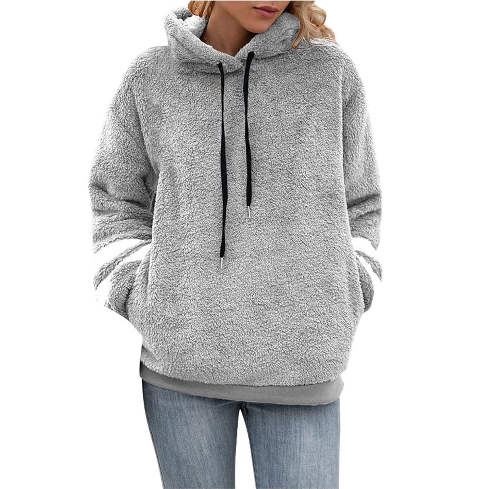 XFLWAM Women's Fuzzy Fleece Hoodies Pullover Hoodie Athletic Cozy Oversized  Pockets Hooded Sweatshirt Coffee S 