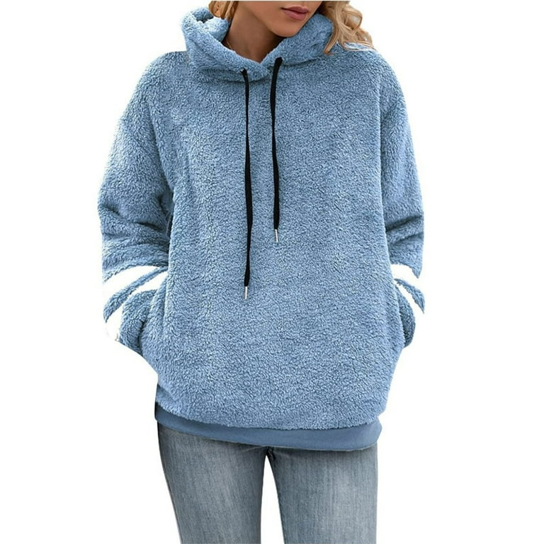Fuzzy Fleece Hooded Sweatshirt, Drawstring Front Pocket Pullover Warm Sports Hoodie, Women's Sporty Sweatshirts,Temu