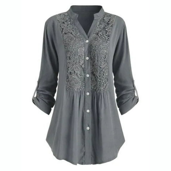 RQYYD Women's Henley V Neck Floral Lace Crochet Blouse Tops Roll-up Sleeve Button Down Tunic Shirt