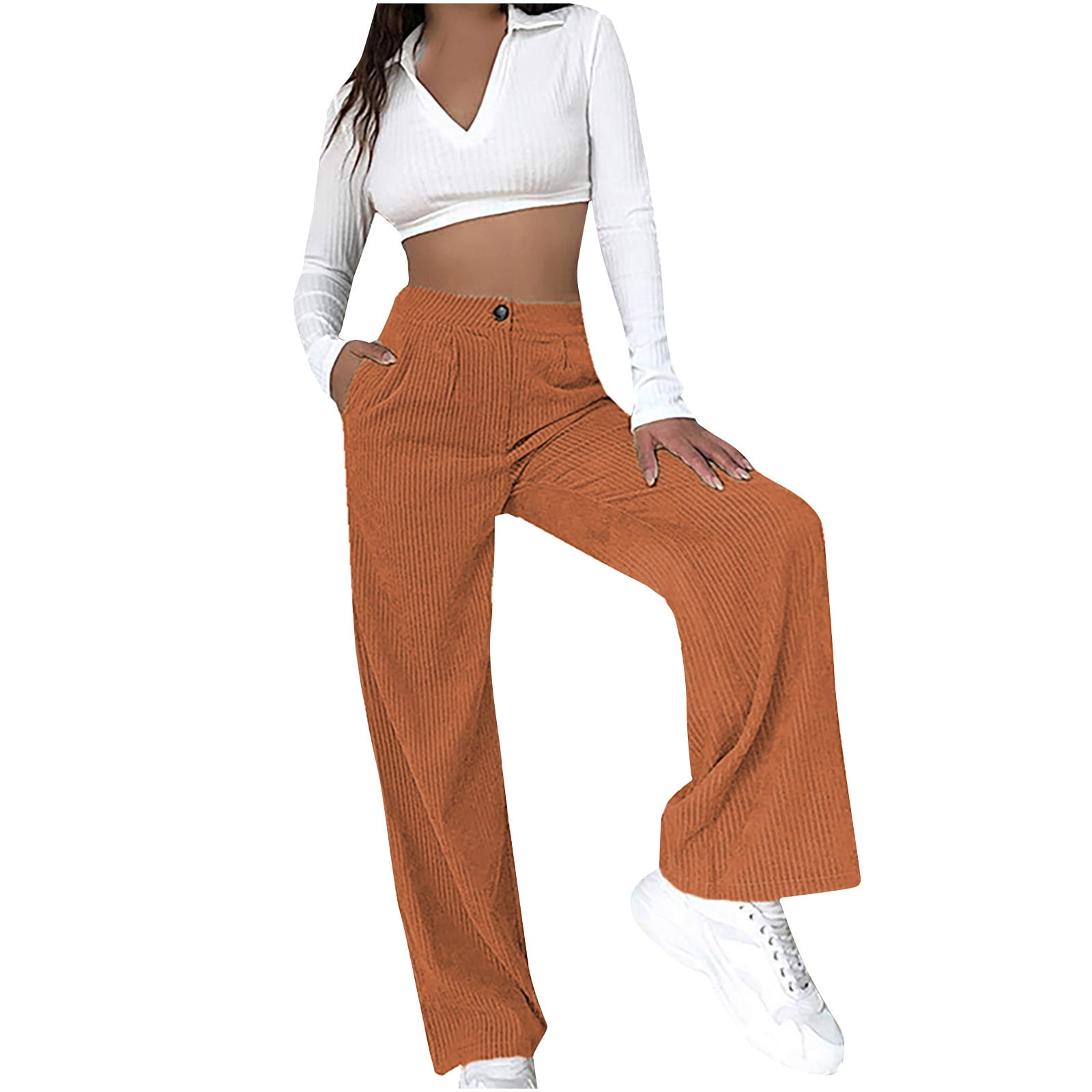 RQYYD Women's High Waist Corduroy Pants Solid Wide Leg Workout Trousers  with Pocket Orange M