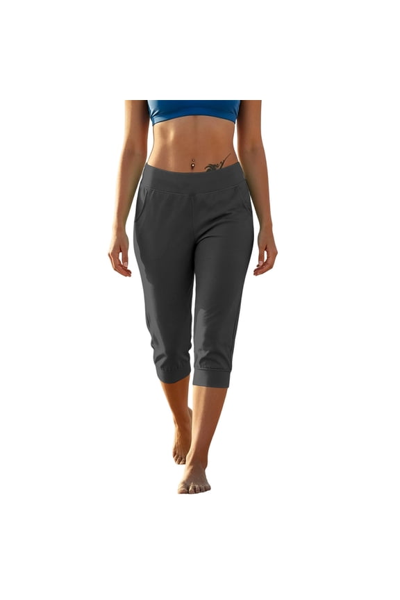Women's High Waist Cuffed Capri Pants Casual Summer Yoga Quick Dry Stretch Trousers with Side Pockets