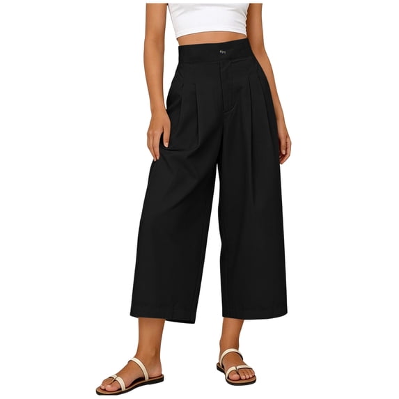 RQYYD Women's High Waist Wide Leg Cropped Pants Pleated Loose Casual Trousers Flowy A Line Beach Bottoms with Pockets