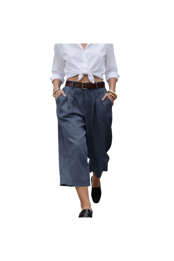 Women's High Waist Wide Leg Culottes Casual Pleated Trousers Lightweight Office Work Summer Bottoms with Belt Loops