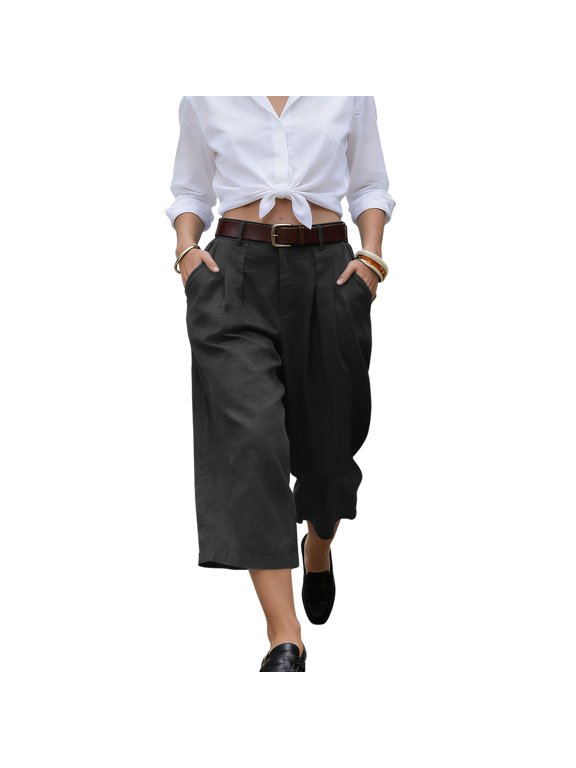 Women's High Waist Wide Leg Culottes Casual Pleated Trousers Lightweight Office Work Summer Bottoms with Belt Loops