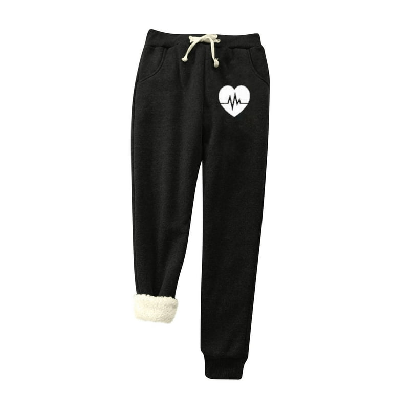 RQYYD Women's High Waisted Baggy Sweatpants with Pockets Heart Print Comfy  Cotton High Waist Jogger Warm Fleece Lined Drawstring Trousers Black XL
