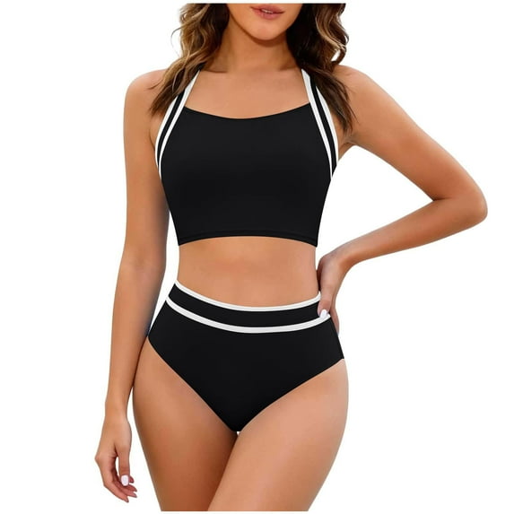 RQYYD Women's High Waisted Bikini Sets Two Piece Swimsuits Sporty Tummy Control Bathing Suit Color Block Swim Suit