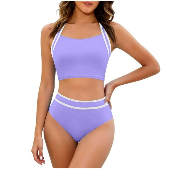 RQYYD Women's High Waisted Bikini Sets Two Piece Swimsuits Sporty Tummy Control Bathing Suit Color Block Swim Suit