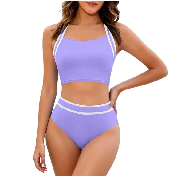 RQYYD Women's High Waisted Bikini Sets Two Piece Swimsuits Sporty Tummy Control Bathing Suit Color Block Swim Suit