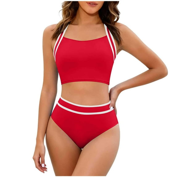 RQYYD Women's High Waisted Bikini Sets Two Piece Swimsuits Sporty Tummy Control Bathing Suit Color Block Swim Suit