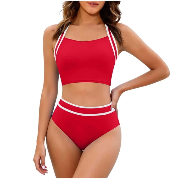 RQYYD Women's High Waisted Bikini Sets Two Piece Swimsuits Sporty Tummy Control Bathing Suit Color Block Swim Suit
