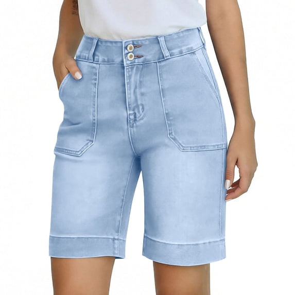 RQYYD Women's High Waisted Denim Bermuda Shorts Double Button Stretch Jean Shorts with Patch Pockets for Summer