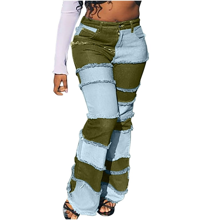 Rqyyd Women's High Waisted Stretchy Patchwork Denim Pants Washed Skinny Jeans Straight Leg Stretch Pants Trendy Streetwear Green XL