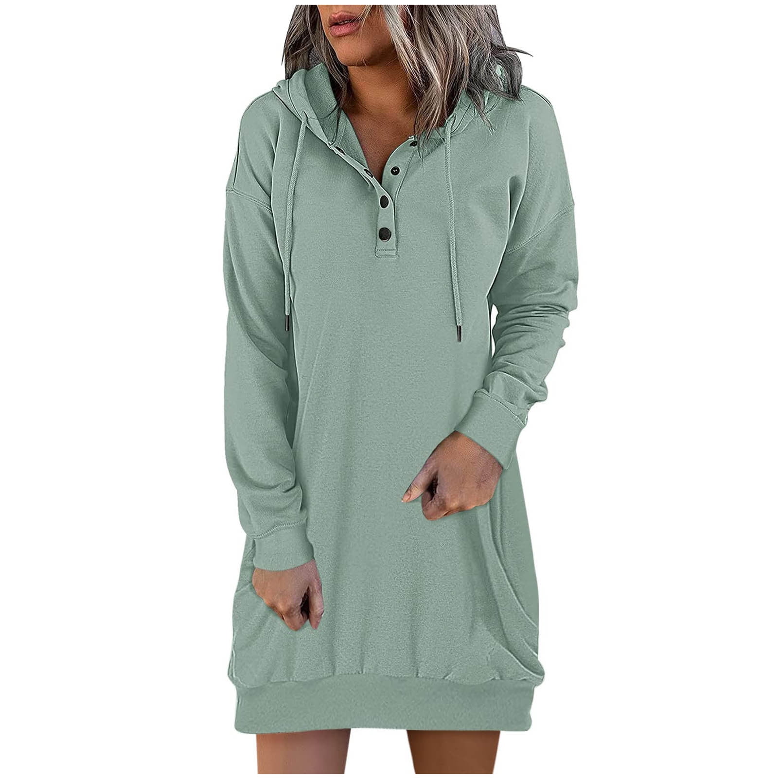 RQYYD Women's Hooded Sweatshirt Drawstring Lightweight Long Sleeve Pullover  Hoodie Dress Casual Button Fall Winter Loose Dress