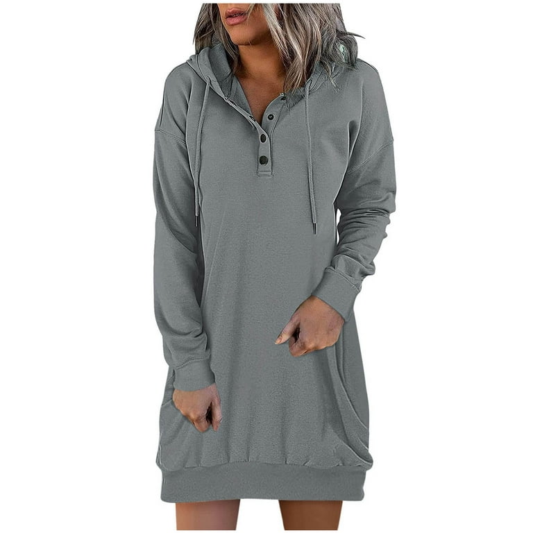RQYYD Women\'s Hooded Sweatshirt Drawstring Lightweight Long Sleeve Pullover Hoodie  Dress Casual Button Fall Winter Loose Dress