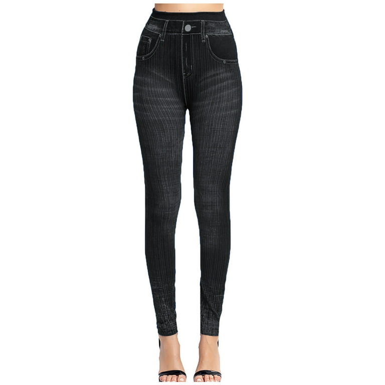 RQYYD Women's Imitation Jeans Leggings High Waist Stretchy Jeggings Casual  Denim Print Slim Tight Pants Butt Lift Yoga Pants(Black,XL) 