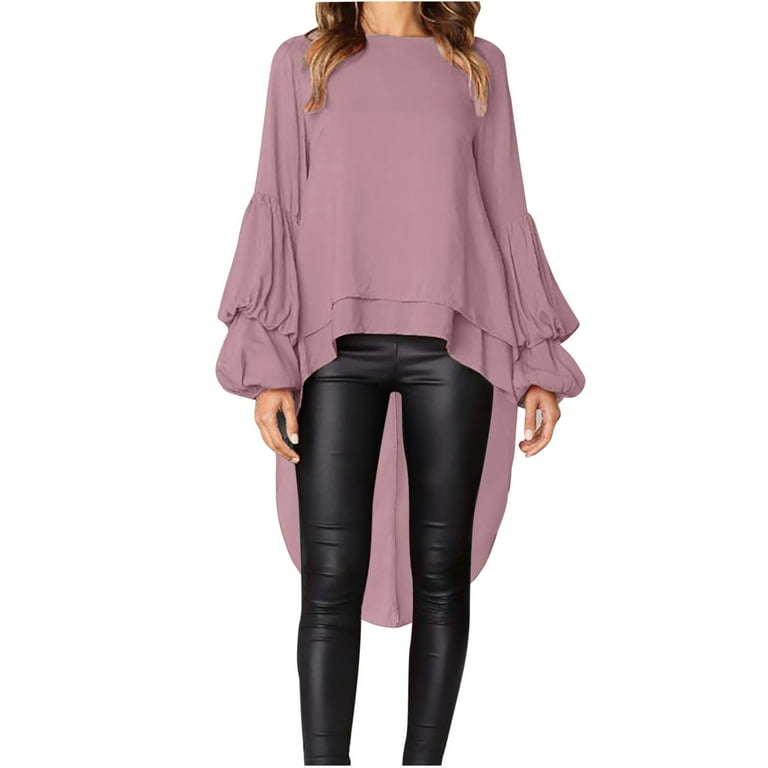 Irregular Hem Long Shirts for Women Fall Basic Solid Color High Neck Long  Sleeve Tops to Wear with Leggings Loose Fit