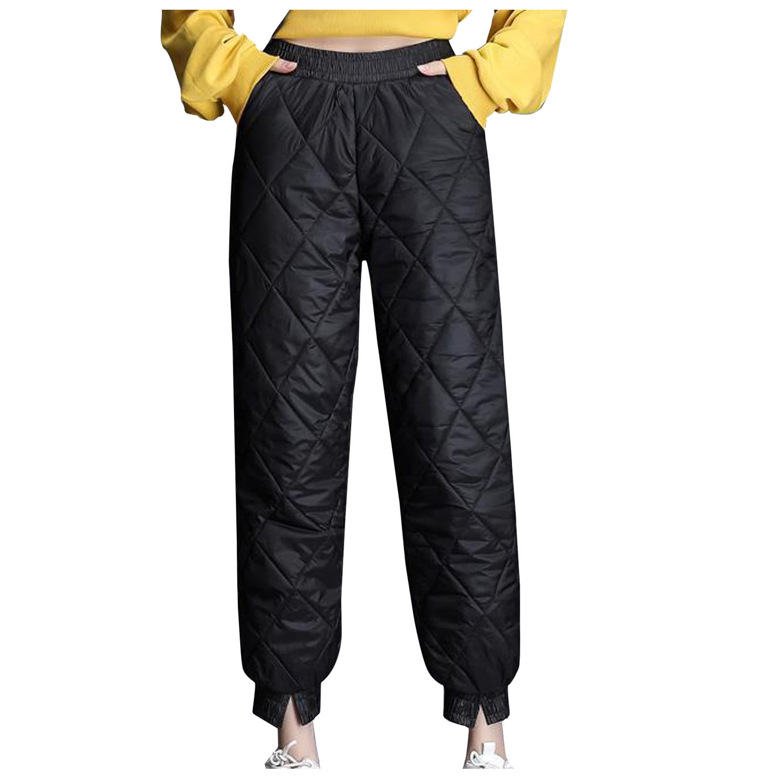 RQYYD Women's Lightweight Puffy Pants Elastic High Waist Quilted Snow Pants  Puffer Winter Trousers for Ski Camp Black L