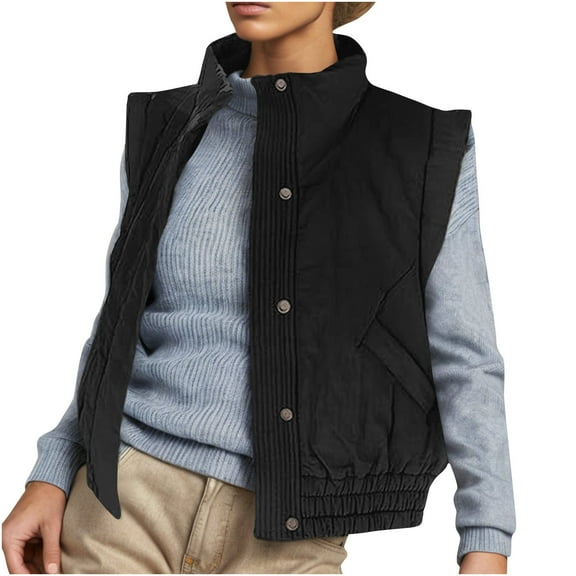 RQYYD Women's Lightweight Warm Quilted Vest Stand Collar Button Down Sleeveless Padded Jacket with Pockets