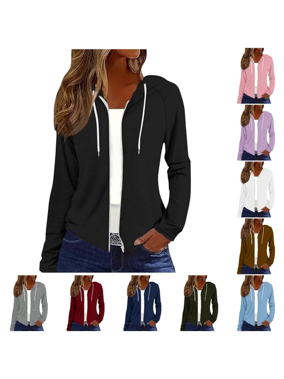 Women's Lightweight Zip Up Hoodie Long Sleeve Drawstring Casual Thin Jacket Pockets