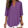 thumbnail image 1 of RQYYD Women's Linen 3/4 Sleeve Blouse V Neck Casual Loose Fit High-Low Hem Summer Top, 1 of 6