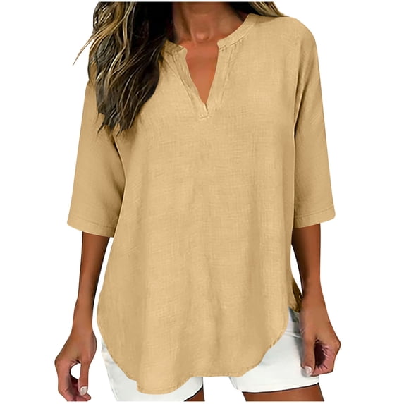 RQYYD Women's Linen 3/4 Sleeve Blouse V Neck Casual Loose Fit High-Low Hem Summer Top
