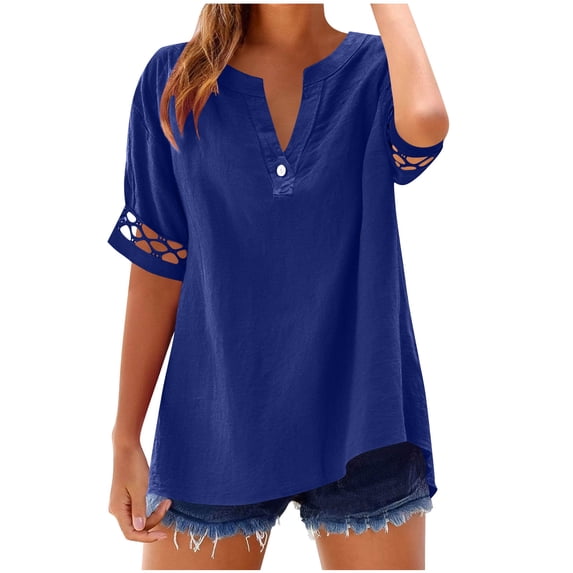 RQYYD Women's Linen 3/4 Sleeve Blouse V Neck Cutout Shoulder Casual Loose Fit Summer Beach Top