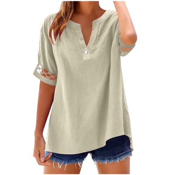 RQYYD Women's Linen 3/4 Sleeve Blouse V Neck Cutout Shoulder Casual Loose Fit Summer Beach Top