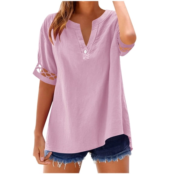 RQYYD Women's Linen 3/4 Sleeve Blouse V Neck Cutout Shoulder Casual Loose Fit Summer Beach Top