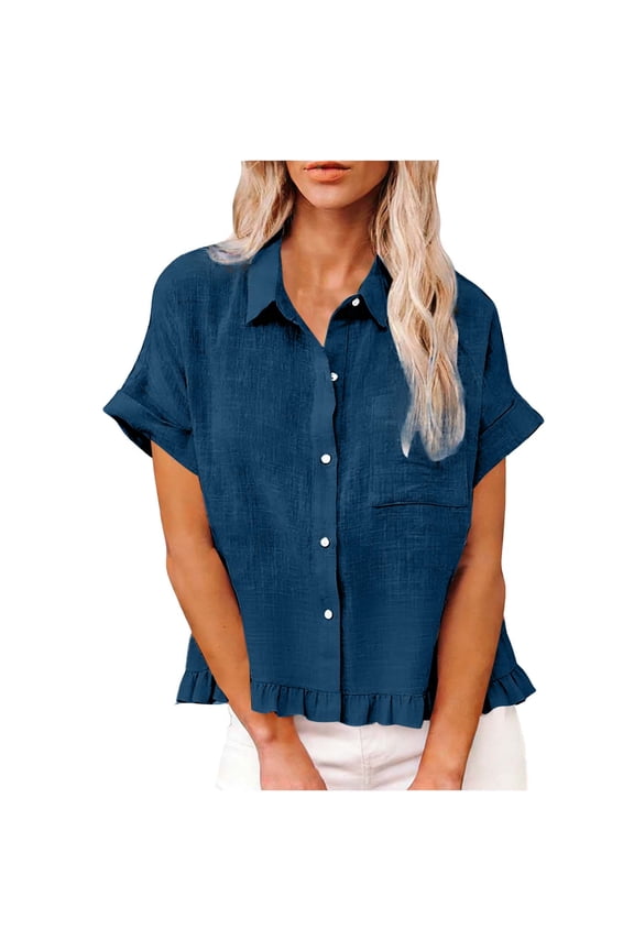 Women's Linen Button Down Shirt Short Sleeve Ruffled Hem Collared Blouse with Chest Pocket Casual Summer Office Daily Top