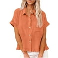 thumbnail image 1 of RQYYD Women's Linen Button Down Shirt Short Sleeve Ruffled Hem Collared Blouse with Chest Pocket Casual Summer Office Daily Top, 1 of 7