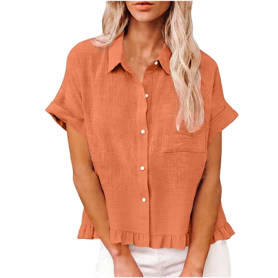 RQYYD Women's Linen Button Down Shirt Short Sleeve Ruffled Hem Collared Blouse with Chest Pocket Casual Summer Office Daily Top